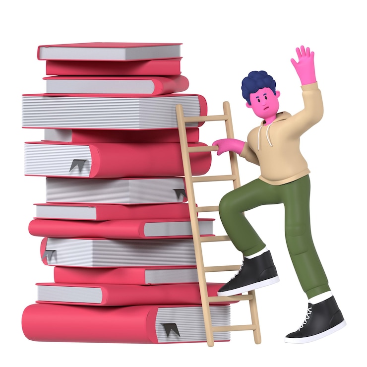 PSD estudiante escalando pilas de libros en la universidad de educación
