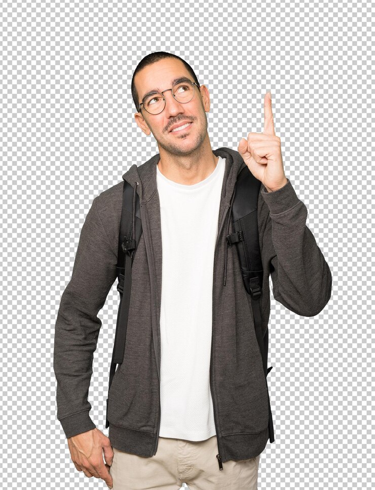PSD estudiante feliz apuntando hacia arriba con su dedo