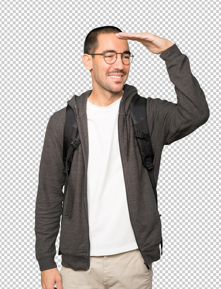 PSD estudiante feliz con un gesto de apartar la mirada