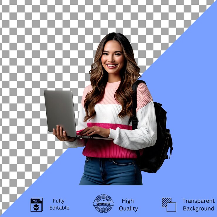 PSD una estudiante feliz con una mochila de pie y sosteniendo una computadora portátil aislada en un fondo transparente
