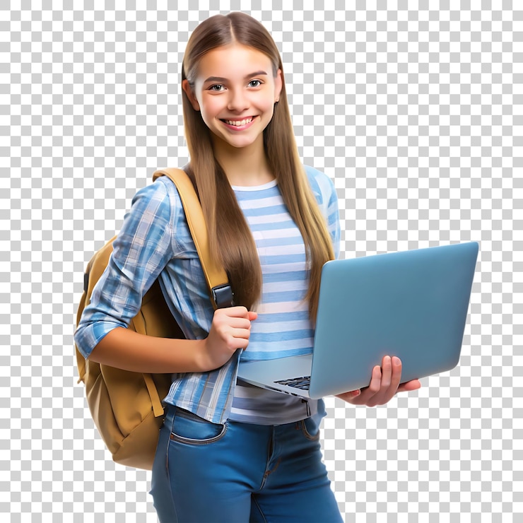 PSD estudiante feliz sosteniendo una computadora portátil con mochila en un fondo transparente
