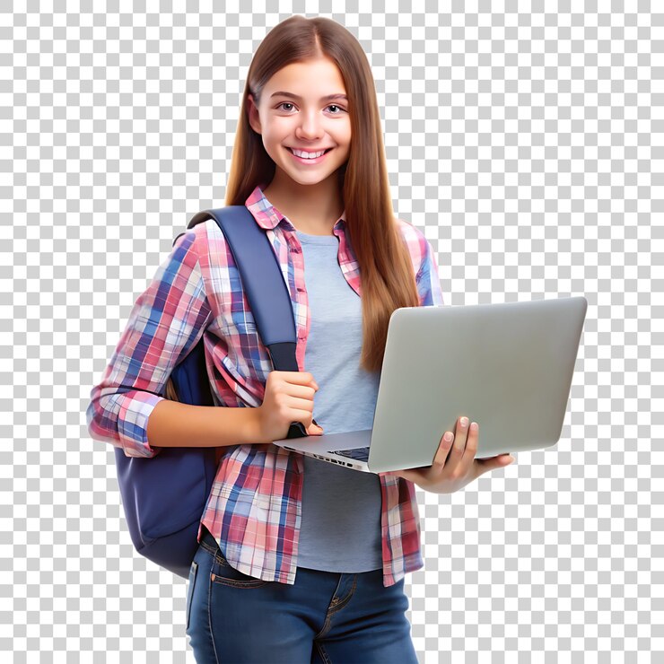 PSD estudiante feliz sosteniendo una computadora portátil con mochila en un fondo transparente