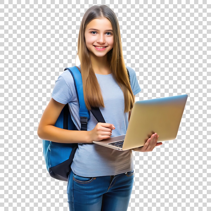 PSD estudiante feliz sosteniendo una computadora portátil con mochila en un fondo transparente