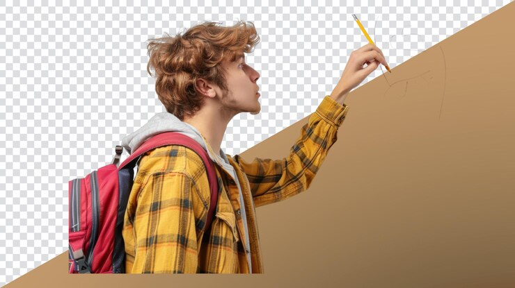 PSD estudiante fingiendo afilar la imagen del lápiz