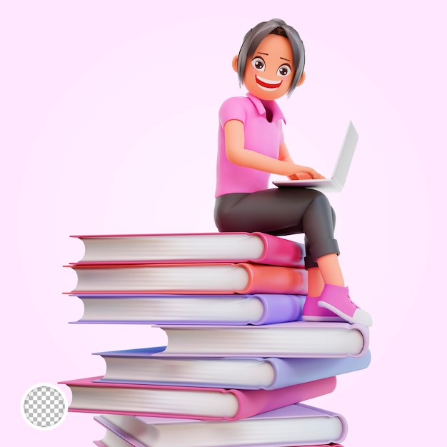 Estudiante de ilustración 3D con portátil estudiando en un curso en línea