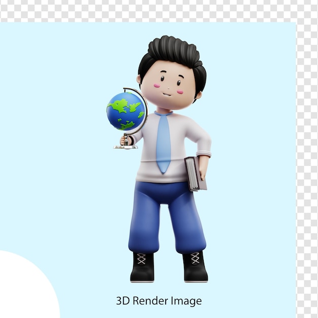 Estudiante masculino sosteniendo libro y globo 3d render