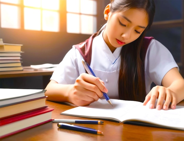 PSD estudiante pensativa sentada y escribiendo