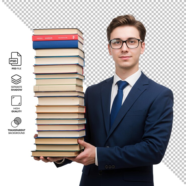 PSD estudiante con una pila de libros