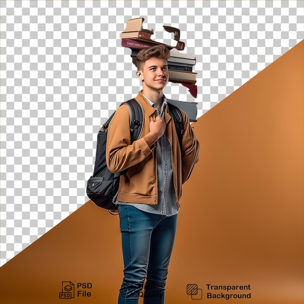 PSD estudiante que lleva una pila de libros aislados en un fondo transparente incluye archivo png