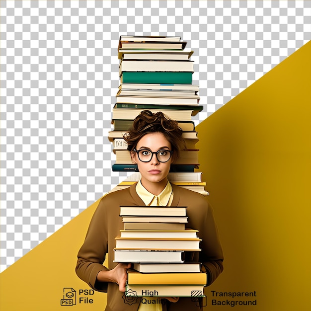 Estudiante que lleva una pila de libros aislados en un fondo transparente incluye archivo png