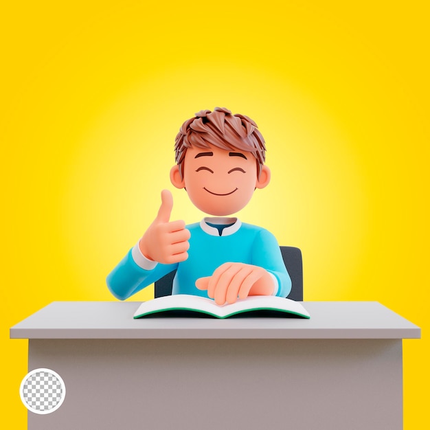 estudiante que muestra los pulgares hacia arriba, personaje de gráfico de ilustración 3d chico lindo