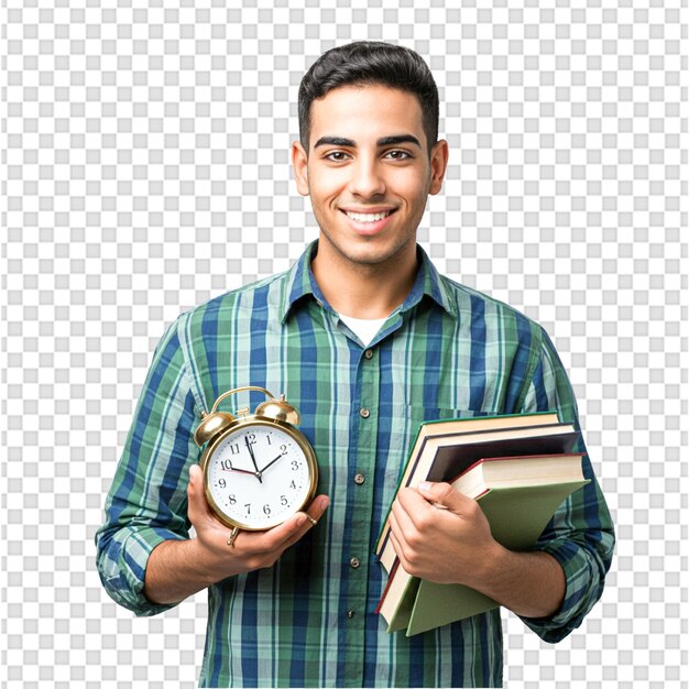 un estudiante con un reloj y libros aislados en un fondo transparente