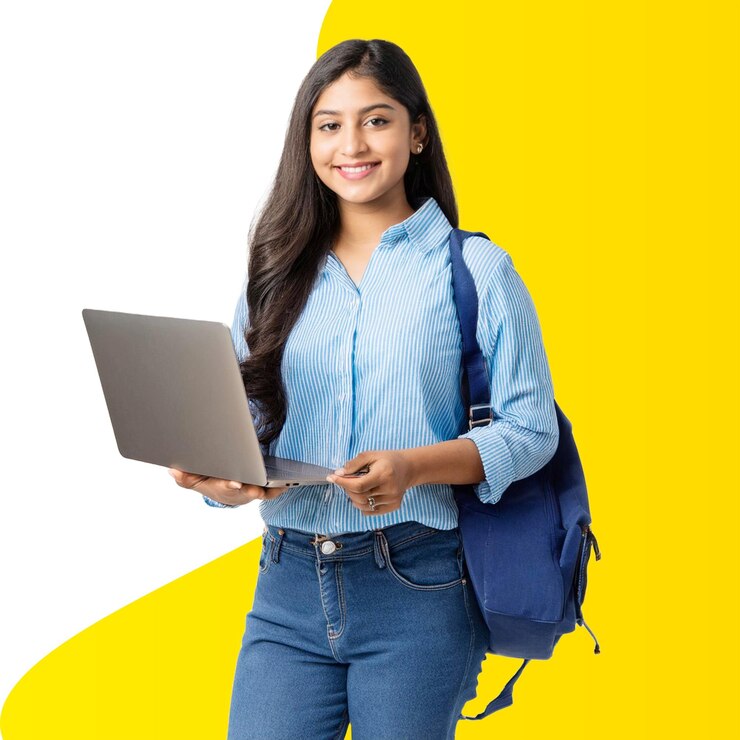 PSD estudiante sonriente con una computadora portátil