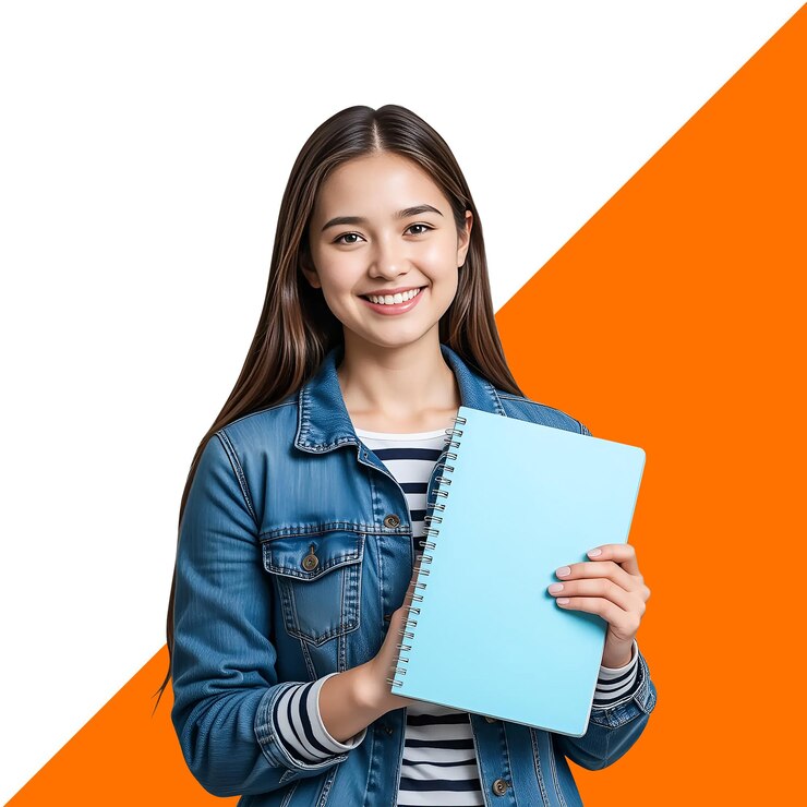 PSD estudiante sonriente con un cuaderno