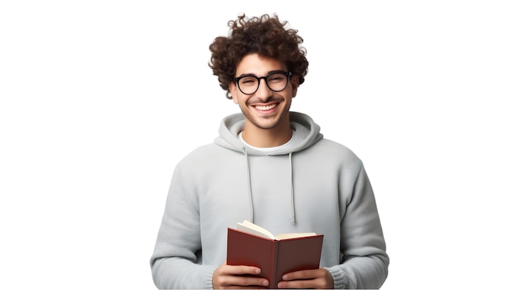 PSD estudiante sonriente leyendo un libro