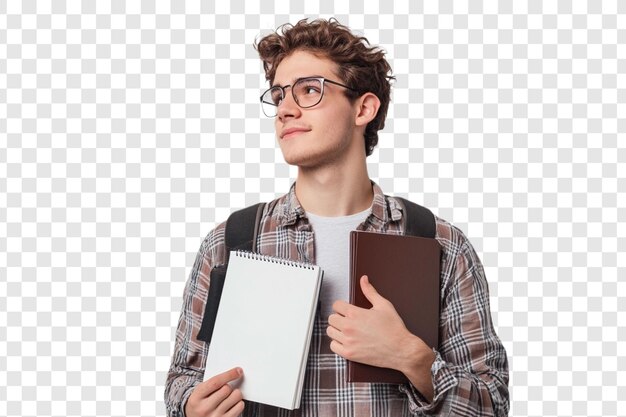 Estudiante sonriente sosteniendo libros mirando hacia arriba cortados