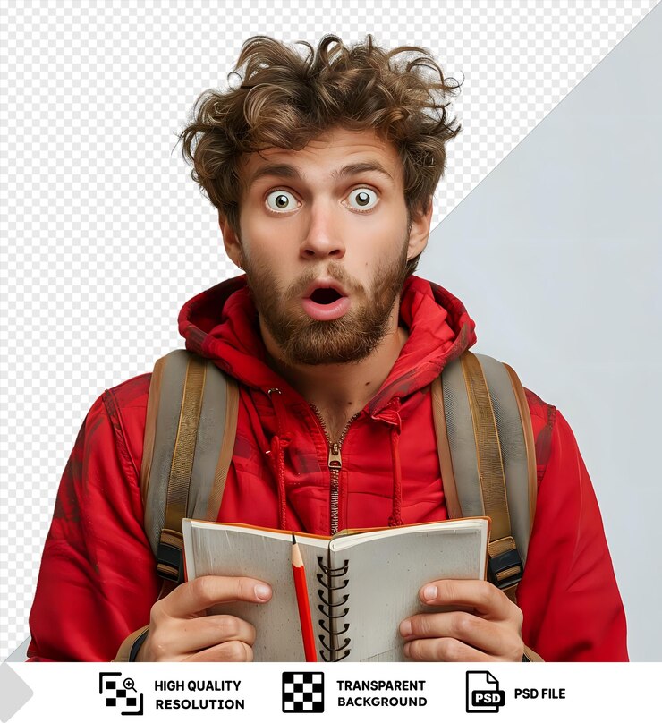 PSD estudiante sorprendido sosteniendo un cuaderno
