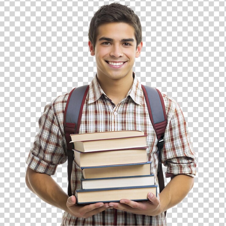 PSD estudiante sosteniendo una pila de libros aislados en un fondo transparente