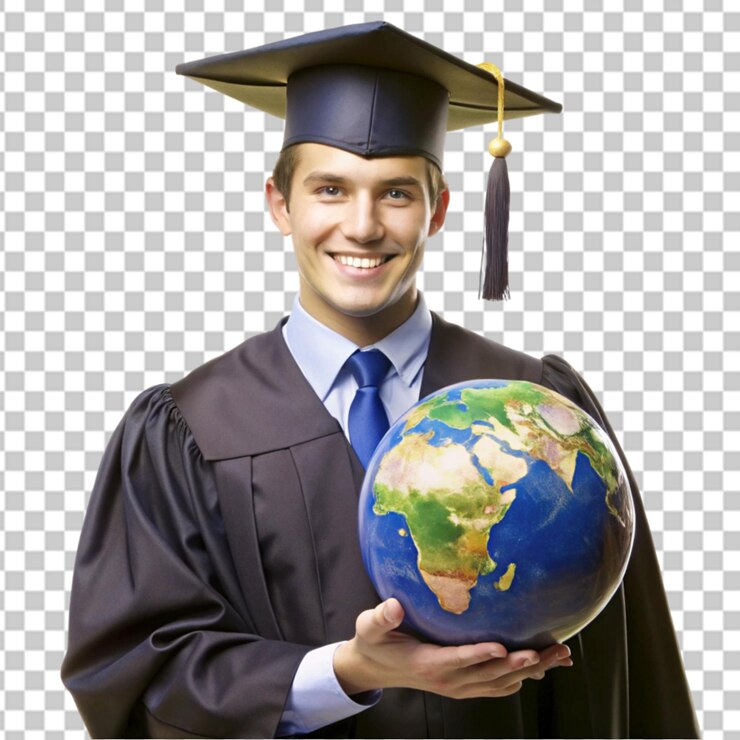 PSD estudiante en una túnica de graduación sosteniendo un globo terrestre en la mano aislado en fondo transparente psd