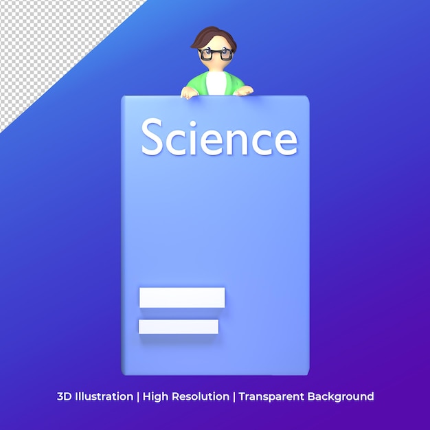 Estudiante universitario de representación 3D colgando detrás del concepto de libro de ciencia