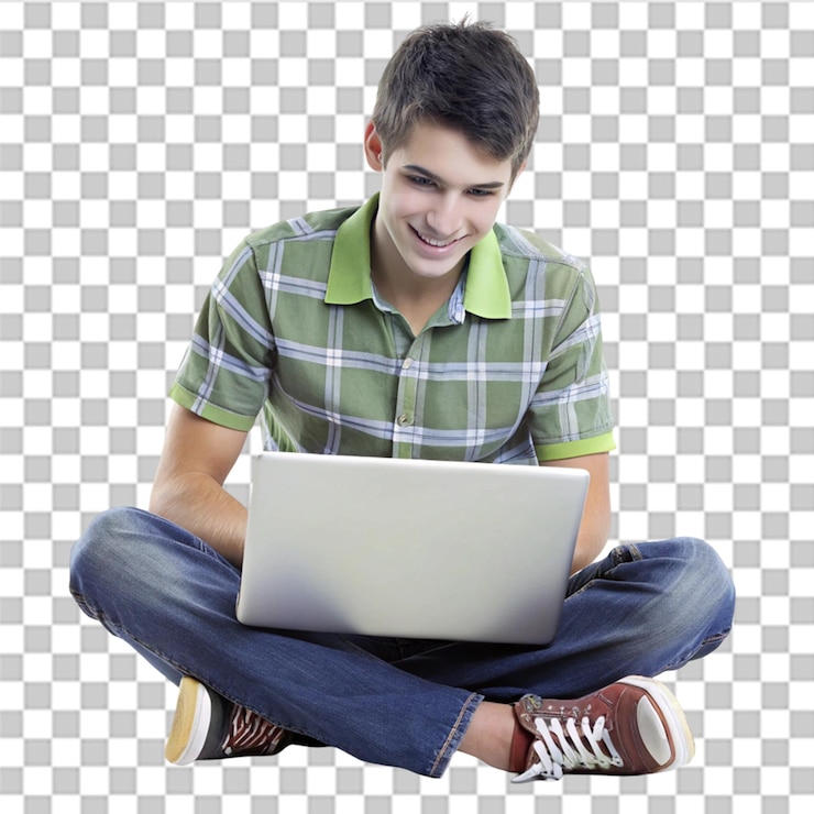 PSD un estudiante universitario usando una computadora portátil aislada sobre un fondo blanco