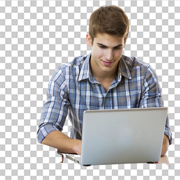 Un estudiante universitario usando una computadora portátil mientras estudia aislado en un fondo transparente