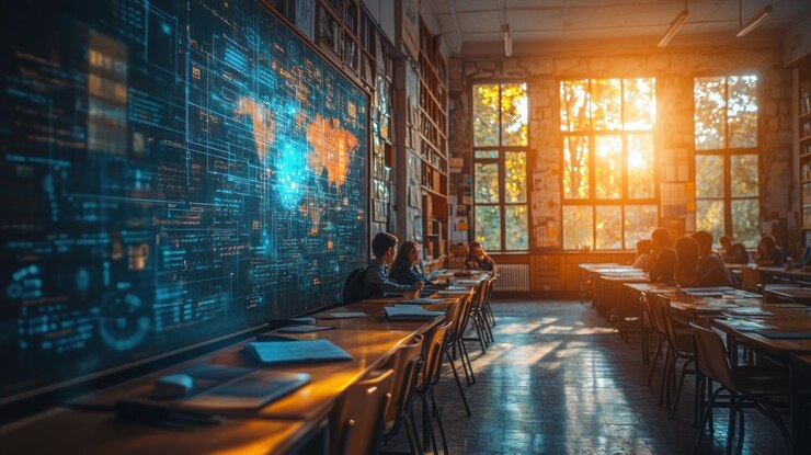PSD los estudiantes aprenden en un aula con un mapa del mundo proyectado en una pizarra iluminada por la cálida luz del sol que se pone