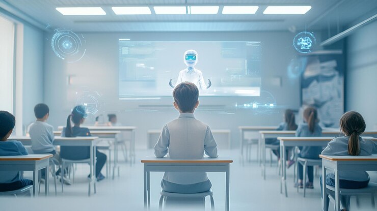 PSD estudiantes en un aula futurista aprendiendo de un maestro de ia holográfica