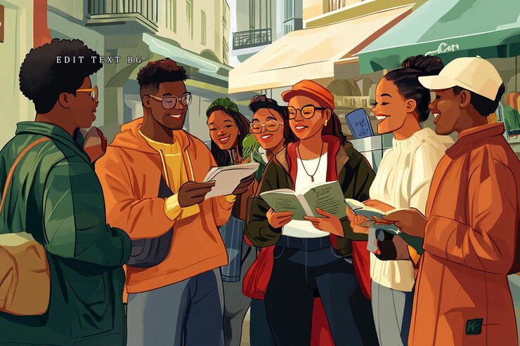 PSD estudiantes diversos felices estudiando al aire libre en la calle de la ciudad