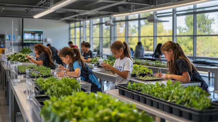 PSD estudiantes de escuela primaria involucrados en una actividad de jardinería manual en un moderno y brillante laboratorio de ciencias que cuidan de plantas jóvenes en contenedores individuales