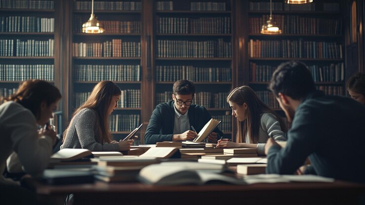 PSD estudiantes estudiando juntos en una biblioteca rodeados de libros
