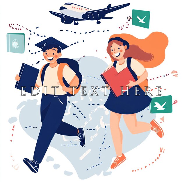 Estudiantes felices corriendo hacia el avión para estudiar en el extranjero