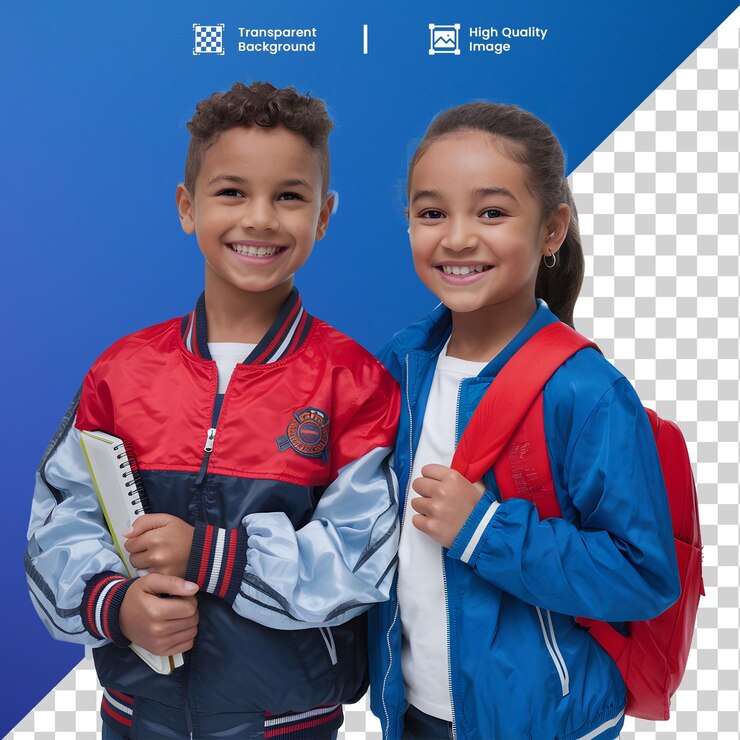 PSD estudiantes felices listos para la escuela crianas com mochilas uniforme e caderno