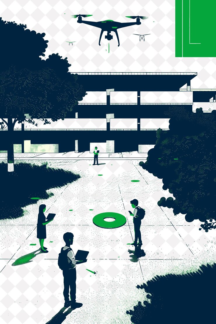 PSD estudiantes jugando con drones impulsados por ia sosteniendo tabletas en diseño de fondo de ilustración plana en t
