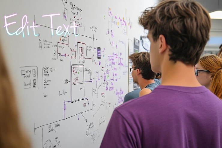 PSD los estudiantes revisan atentamente una pizarra llena de un diagrama de flujo complejo y diagramas durante una sesión de diseño colaborativo