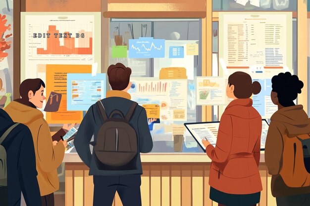 Estudiantes revisando gráficos de datos en el tablón de anuncios