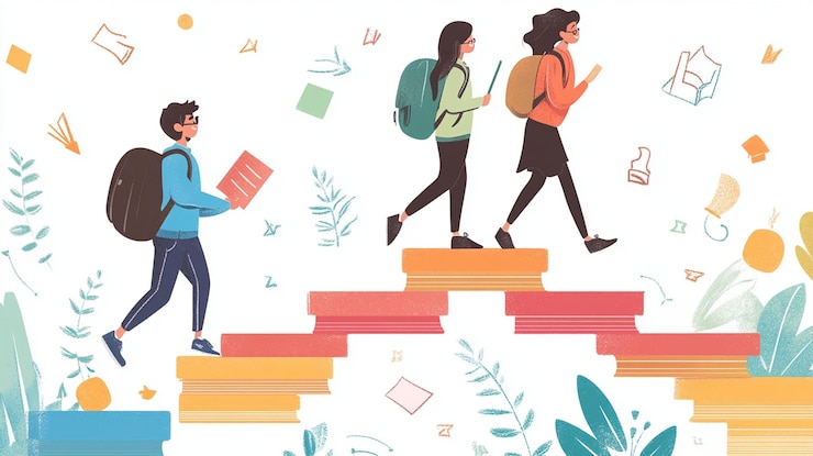 PSD estudiantes subiendo escalones hechos de libros que simbolizan la educación y el progreso