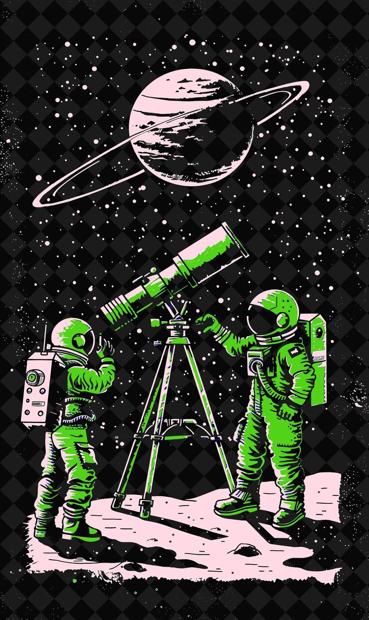PSD los estudiantes del telescopio revelan un ovni los estudiantes que llevan un diseño de fondo de ilustración plana de astrónomo rojo