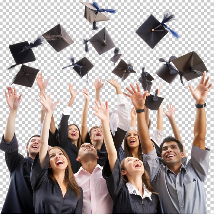 PSD los estudiantes vomitan gorras de graduación y certificados en un fondo transparente.