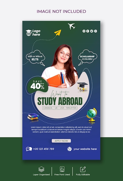 Estudiar en el extranjero educación Historia de Instagram y diseño de plantilla de historia de Facebook