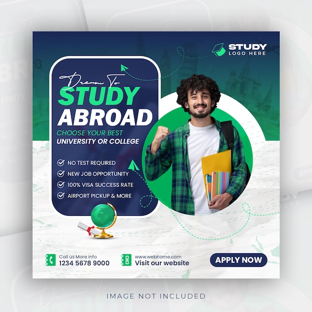 Estudiar en el extranjero redes sociales instagram post diseño educación superior web banner plantilla de volante cuadrado