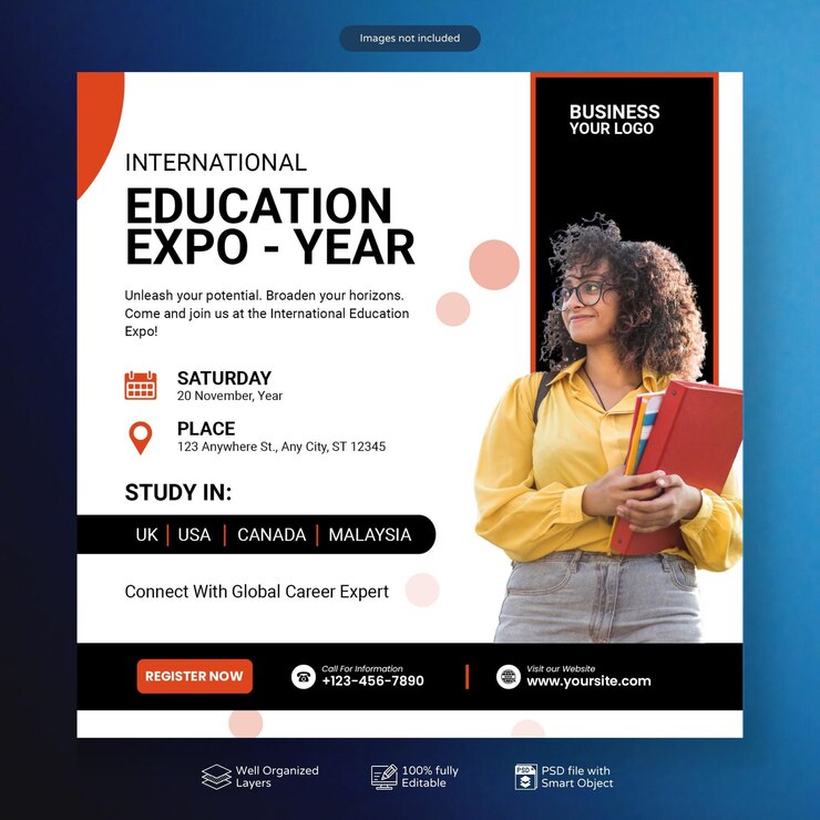 PSD estudiar en el extranjero redes sociales instagram post diseño educación superior web banner plantilla de volante cuadrado