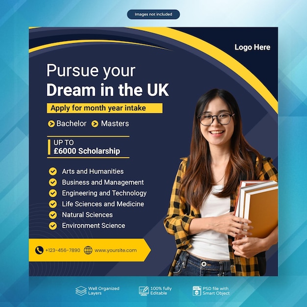Estudiar en el extranjero redes sociales instagram post diseño educación superior web banner plantilla de volante cuadrado