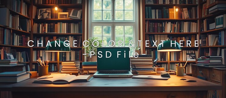 PSD un estudio acogedor con un escritorio de madera, estanterías para portátiles y iluminación cálida para leer y estudiar