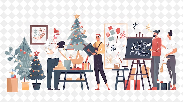 PSD estudio de arte artístico de navidad con pintores y escultores de ilustración diseño de arte de navidad
