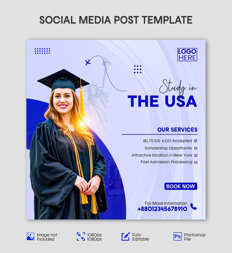 PSD estudio en los estados unidos plantilla de publicación en redes sociales