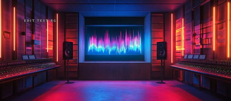 PSD estudio de grabación iluminado por neón con consola de mezcla y altavoces de visualización de ondas de sonido