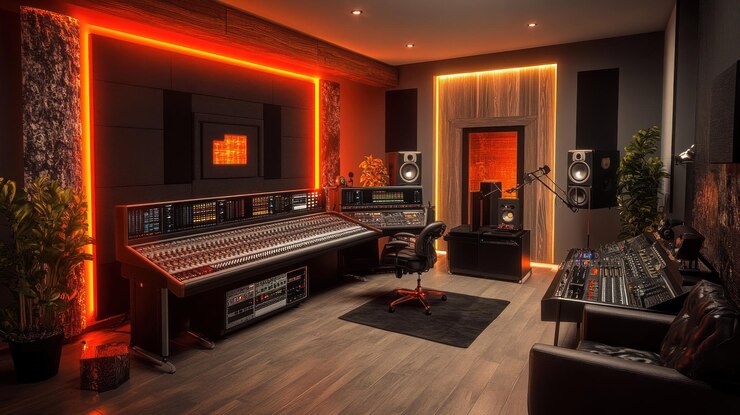 PSD estudio de música moderno con iluminación y equipos vibrantes