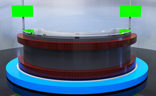PSD estudio de noticias de televisión, sala de transmisión de televisión interior 2 con mesa redonda y globo terráqueo en pantalla