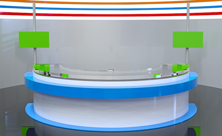 PSD estudio de noticias de televisión, sala de transmisión de televisión interior 7 con mesa redonda y globo terráqueo en pantalla